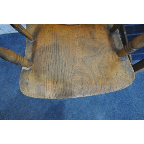 1273 - A 19TH CENTURY ELM AND BEECH WINDSOR ARMCHAIR, with turned supports and legs, united by a H stretche... 