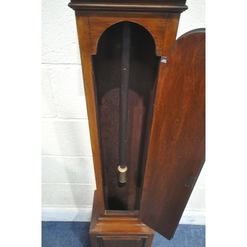 1277 - A 20TH CENTURY MAHOGANY TEMPUS FUGIT LONG CASE CLOCK, the arched dial enclosing a seven inch brass a... 