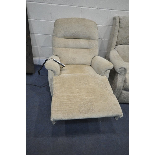 1283 - THREE BEIGE ARMCHAIRS, to include a HSL rise and recline armchair, and two other armchairs (conditio... 