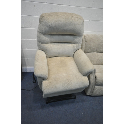 1283 - THREE BEIGE ARMCHAIRS, to include a HSL rise and recline armchair, and two other armchairs (conditio... 