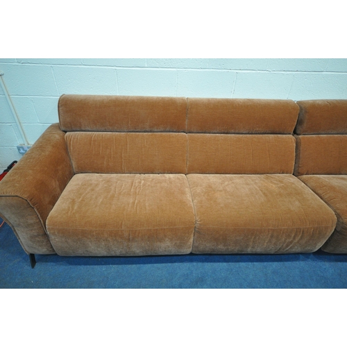 1292 - AN OPPOSING PAIR OF BRONZE UPHOLSTERED TWO SEATER SOFAS, length of one section 195cm (condition repo... 