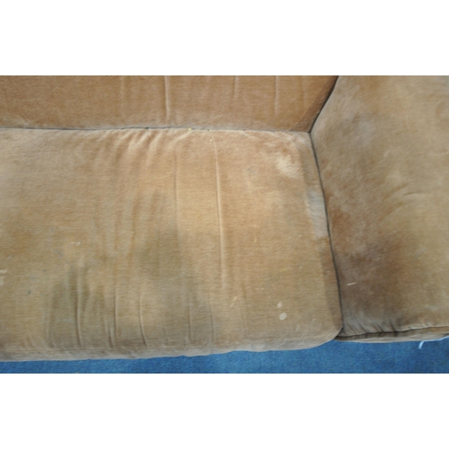 1292 - AN OPPOSING PAIR OF BRONZE UPHOLSTERED TWO SEATER SOFAS, length of one section 195cm (condition repo... 