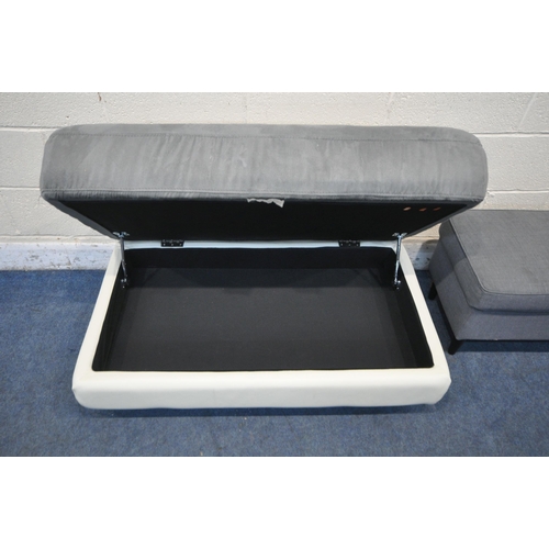 1294 - A GREY FABRIC AND CREAM LEATHERETTE FOOTSTOOL, with a hinged storage compartment, width 106cm x dept... 