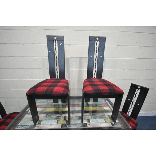 1296 - A METAL FRAMED RECTANGULAR GLASS TOP DINING TABLE, with canted corners and central coloured wood eff... 