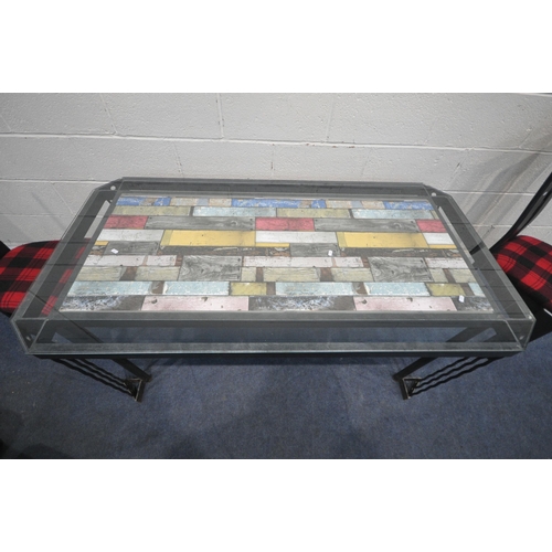 1296 - A METAL FRAMED RECTANGULAR GLASS TOP DINING TABLE, with canted corners and central coloured wood eff... 