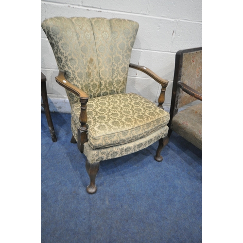 1307 - THREE VARIOUS PERIOD CHAIRS, to include an oak framed open armchair, on front cabriole legs, another... 