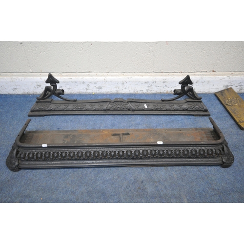 1308 - TWO WROUGHT IRON FENDERS, largest length 121cm x depth 29cm x height 27cm, along with a beaten brass... 