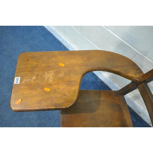 1313 - A 20TH CENTURY OAK SCHOOL CHAIR, with a right armrest which is also a desk, with slatted undershelf,... 