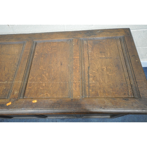 1319 - A GEORGIAN OAK PANELLED COFFER, with hinged lid, length 157cm x depth 63cm x height 71cm (condition ... 