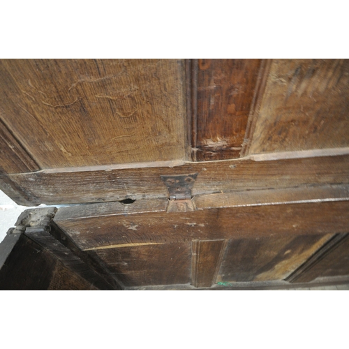 1319 - A GEORGIAN OAK PANELLED COFFER, with hinged lid, length 157cm x depth 63cm x height 71cm (condition ... 