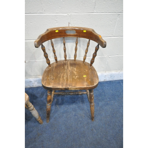 1326 - A 19TH CENTURY ELM AND BEECH FARMHOUSE CHAIR, with shaped armrests, turned supports and legs, united... 