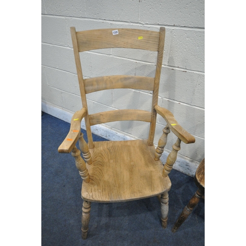 1326 - A 19TH CENTURY ELM AND BEECH FARMHOUSE CHAIR, with shaped armrests, turned supports and legs, united... 