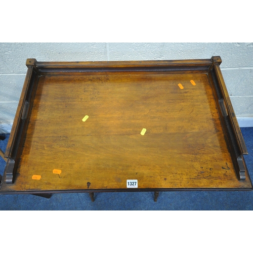 1327 - A 19TH CENTURY MAHOGANY FOLDING TRAY TABLE, with twin handles, on a turned base, width 74cm x depth ... 