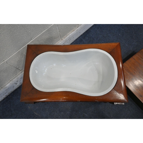 1329 - A VICTORIAN MAHOGANY BIDET, with ceramic insert, on turned legs, width 61cm x depth 31cm x height 46... 