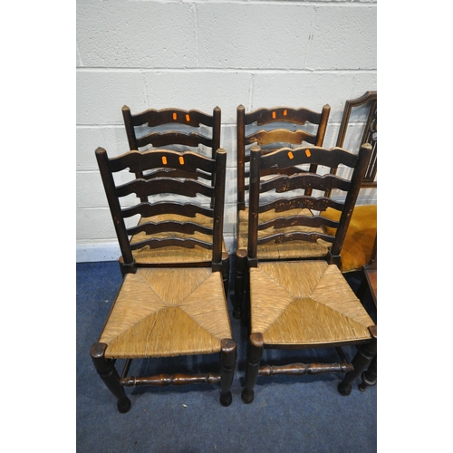 1332 - A SELECTION OF VARIOUS CHAIRS, to include a set of four oak rush seated ladder back chairs, a mahoga... 