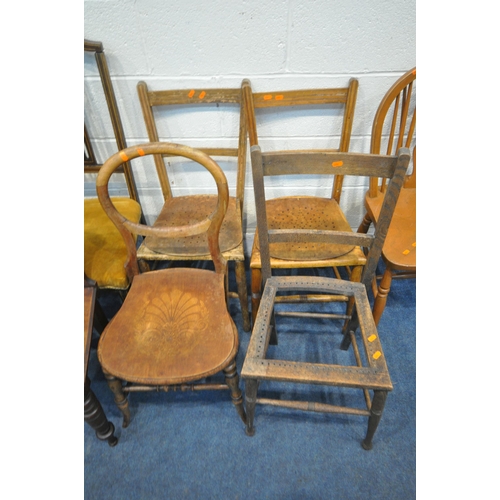 1332 - A SELECTION OF VARIOUS CHAIRS, to include a set of four oak rush seated ladder back chairs, a mahoga... 