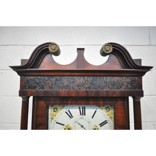 1339 - A 19TH CENTURY FLAME MAHOGANY EIGHT DAY GRANDFATHER CLOCK, with swan neck pediments, above ebonised ... 