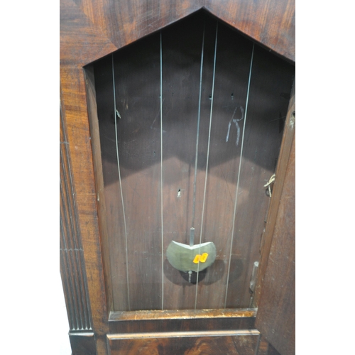 1339 - A 19TH CENTURY FLAME MAHOGANY EIGHT DAY GRANDFATHER CLOCK, with swan neck pediments, above ebonised ... 