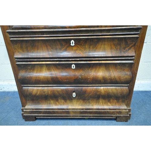 1340 - A 19TH CENTURY FLAME MAHOGANY ESCRITOIRE, with a stepped top, fitted with a single drawer, above a f... 