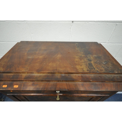 1340 - A 19TH CENTURY FLAME MAHOGANY ESCRITOIRE, with a stepped top, fitted with a single drawer, above a f... 