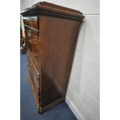 1340 - A 19TH CENTURY FLAME MAHOGANY ESCRITOIRE, with a stepped top, fitted with a single drawer, above a f... 