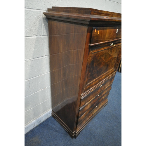 1340 - A 19TH CENTURY FLAME MAHOGANY ESCRITOIRE, with a stepped top, fitted with a single drawer, above a f... 