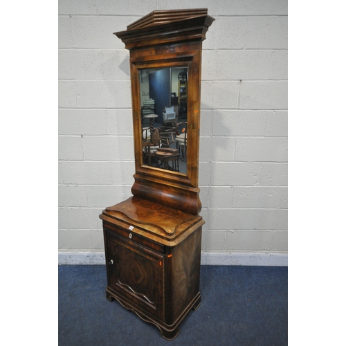 1342 - A VICTORIAN FLAME MAHOGANY CABINET, with rectangular mirror back, the top with art deco style cornic... 