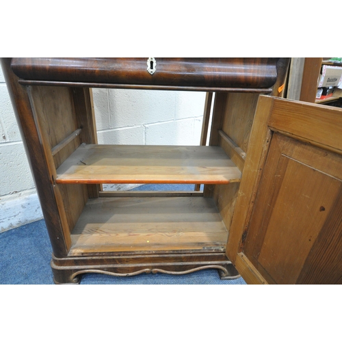 1342 - A VICTORIAN FLAME MAHOGANY CABINET, with rectangular mirror back, the top with art deco style cornic... 