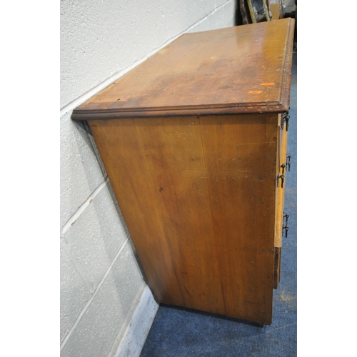 1347 - AN EARLY 20TH CENTURY WALNUT CHEST OF THREE LONG DRAWERS, with a wavy apron, on ceramic castors, wid... 