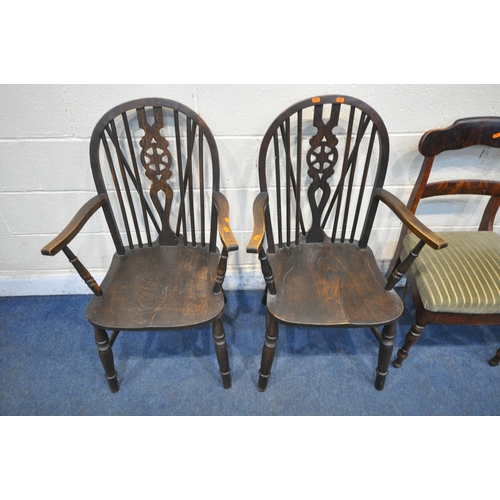 1356 - A SELECTION OF CHAIRS, to include a pair of elm seated wheel back armchairs, and a set of three Vict... 