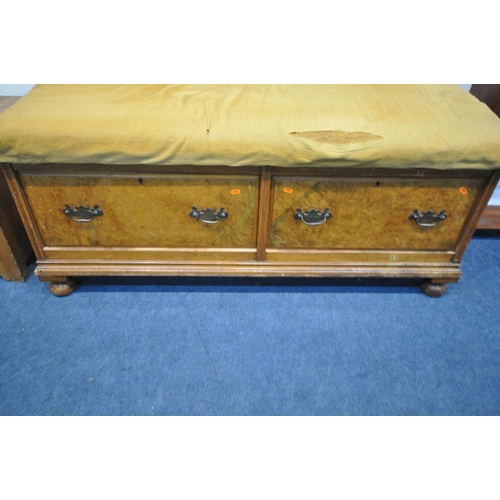 1361 - A WALNUT RECTANGULAR STOOL, with two deep drawers, on bun feet, width 132cm x depth 50cm x height 55... 