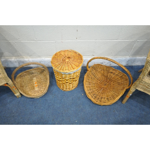 1362 - A SELECTION OF WICKER ITEMS, to include two armchairs, two baskets and a bin (condition report: all ... 