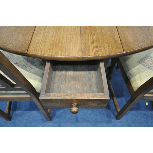 1373 - A 20TH CENTURY OAK GATE LEG TABLE, with a single drawer, on turned legs, open width 121cm x closed w... 