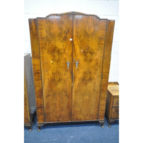 1384 - AN ART DECO WALNUT THREE PIECE BEDROOM SUITE, comprising a double door wardrobe, width 118cm x depth... 