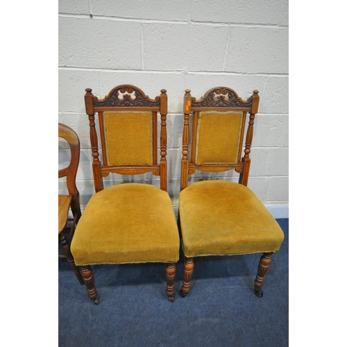 1392 - A SELECTION OF VARIOUS CHAIRS, to include a pair of Edwardian walnut chairs, with foliate crest, mus... 