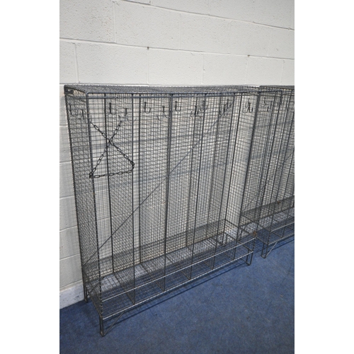 1395 - A PAIR OF WIRE MESH GYM LOCKERS, with six tall sections and six small sections, on hair pin legs, wi... 