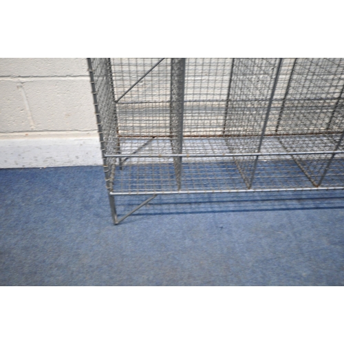 1395 - A PAIR OF WIRE MESH GYM LOCKERS, with six tall sections and six small sections, on hair pin legs, wi... 