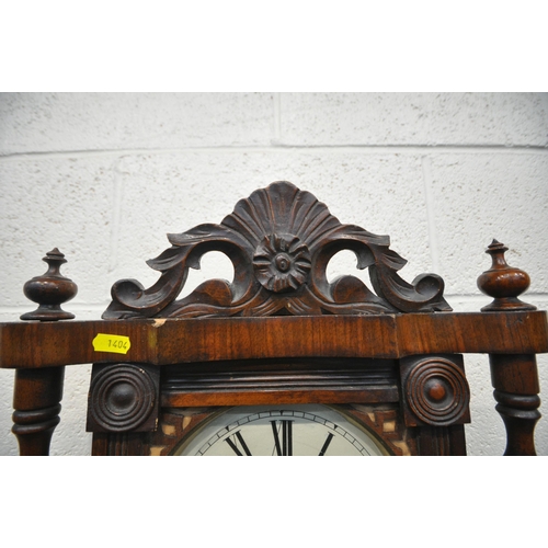 1404 - A 19TH CENTURY MAHOGANY AMERICAN WALL CLOCK, with foliate crest and two finials, the glazed door enc... 