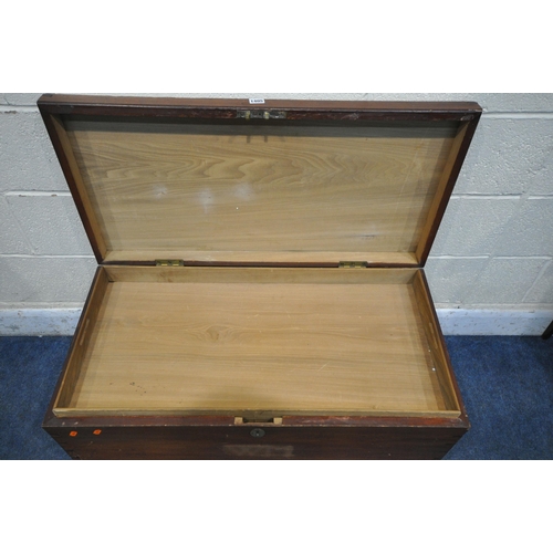 1405 - A 20TH CENTURY HARDWOOD BLANKET CHEST, with a hinged lid that's enclosing a removable tray, twin bra... 