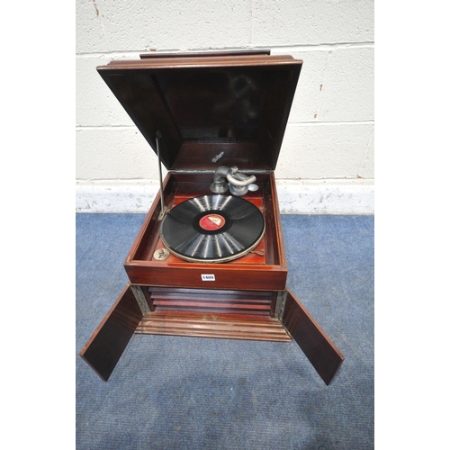 1409 - A SOLO SIMPLEX MAHOGANY TABLE TOP GRAMOPHONE, with a hinged lid and two volume control doors, width ... 