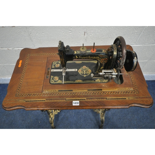 1410 - A FRISTER AND ROSSMAN WALNUT AND TUNBRIDGE WARE INLAID MANUAL SEWING MACHINE, on a cast iron Winselm... 