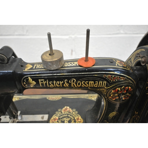 1410 - A FRISTER AND ROSSMAN WALNUT AND TUNBRIDGE WARE INLAID MANUAL SEWING MACHINE, on a cast iron Winselm... 