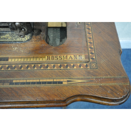 1410 - A FRISTER AND ROSSMAN WALNUT AND TUNBRIDGE WARE INLAID MANUAL SEWING MACHINE, on a cast iron Winselm... 