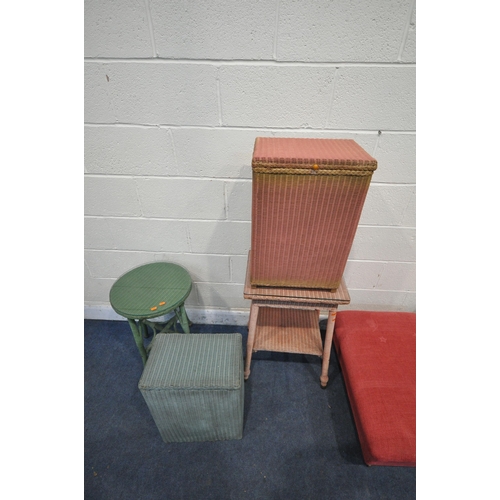 1411 - A SELECTION OF WICKER FURNITURE, to include a pair of gold painted stools, length 83cm x depth 53cm ... 