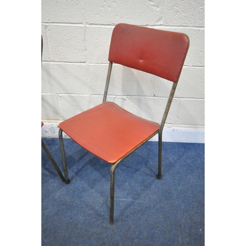 1413 - A SET OF SIX INDUSTRIAL TUBULAR METAL STACKING CHAIRS, with red leatherette upholstery, labelled Har... 