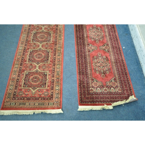 1417 - TWO RED 100% VISCOSE TABRIZ CARPET RUNNERS, 210cm x 65cm (condition report: ideal for a clean) (2)