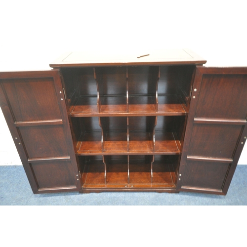 1418 - A HARDWOOD ORIENTAL DOUBLE DOOR RECORD CABINET, with twelve divisions, width 92cm x depth 38cm x hei... 