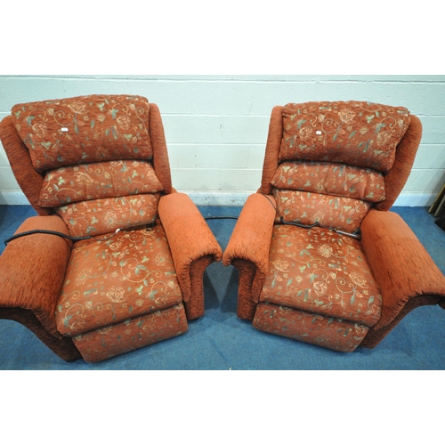 1429 - A PAIR OF WILLOWBROOK RED FLORAL UPHOLSTERED RISE AND RECLINE ARMCHAIRS, vibrating function (conditi... 