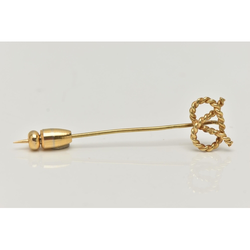 11 - AN 18CT GOLD STAFFORDSHIRE KNOT STICK PIN, rope twist knot to a polished pin, hallmarked 18ct Birmin... 