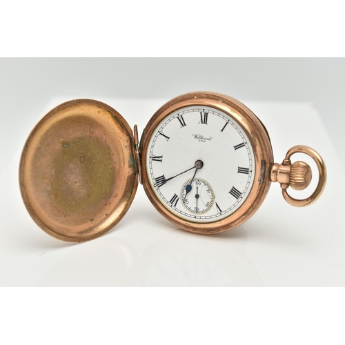 110 - A 'WALTHAM' ROLLED GOLD FULL HUNTER POCKET WATCH, manual wind, round white dial signed 'Waltham U.S.... 